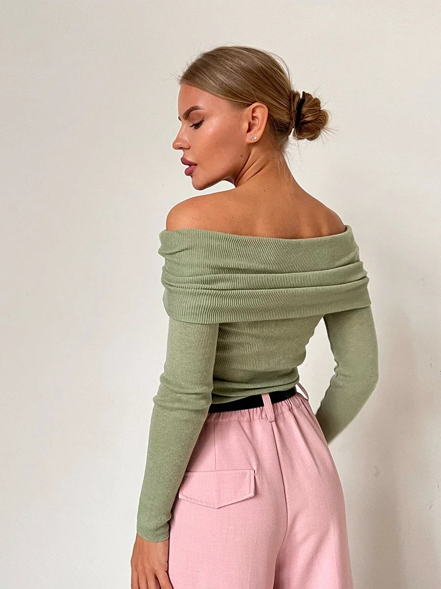 Women’s Knitted Long Sleeve Off Shoulder Basic Sweater