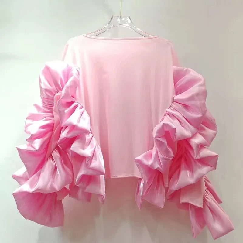 Women's O-neck Loose Stretch Irregular Patchwork Ruffles Edge