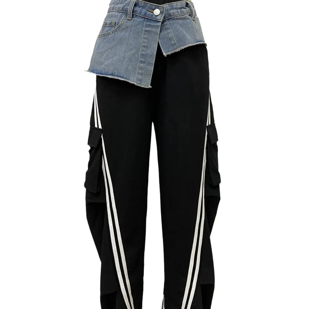 Women’s Denim Patchwork Pocket Side Wide Leg Loose Jogger Pants