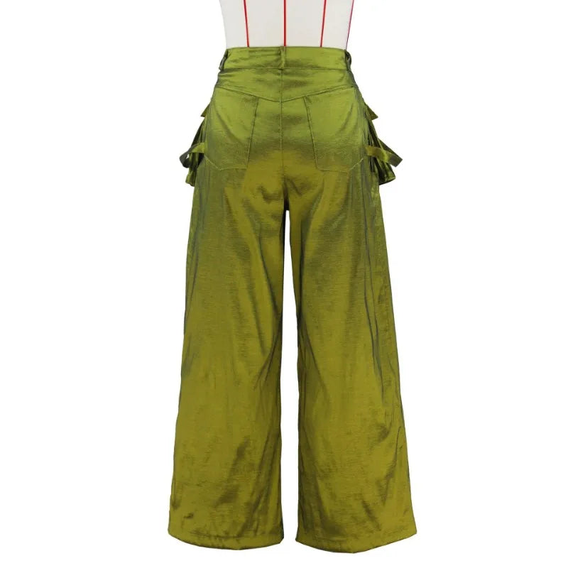 Women's Solid Color Multi-pocket Loose Wide Leg Straight High-Waisted Trousers