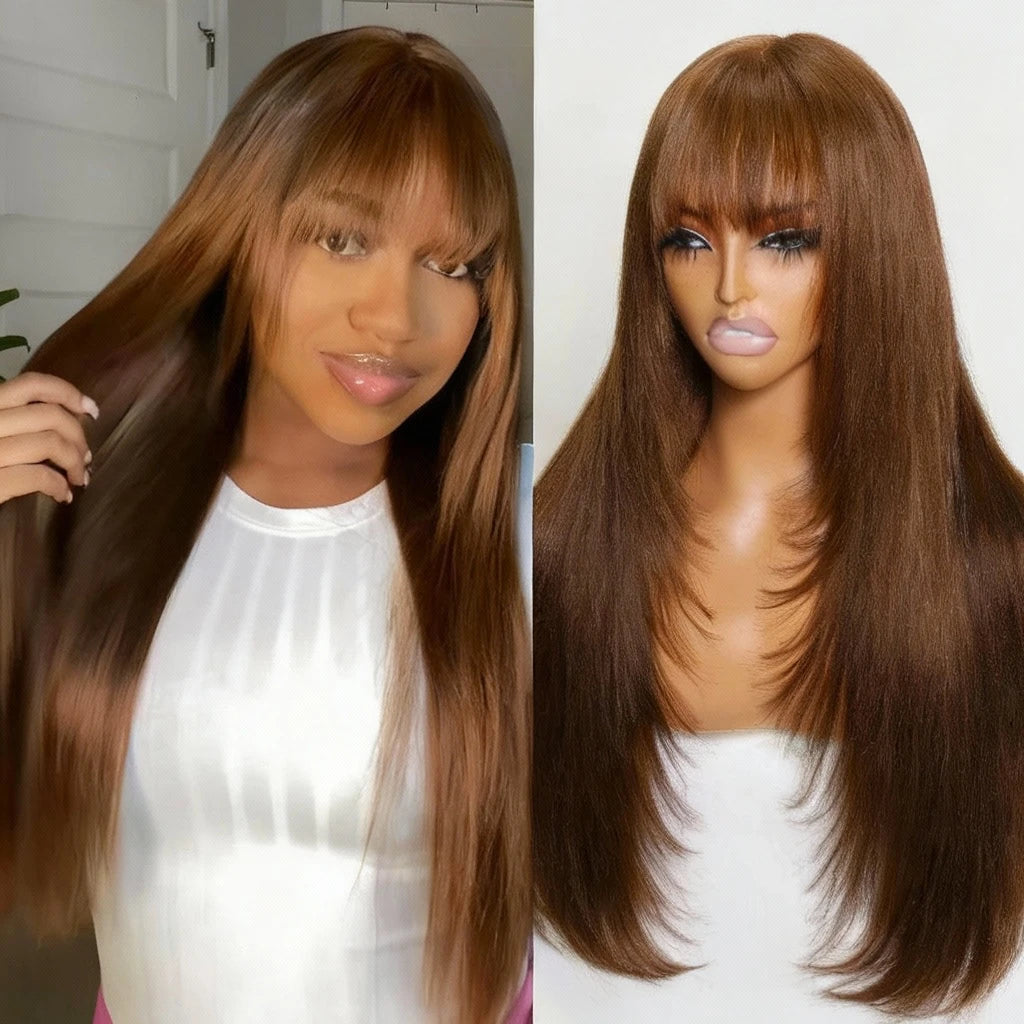 Yaki Straight Human Hair Wig With Bangs Layered Cut 4x2 Lace Glueless Wigs Human