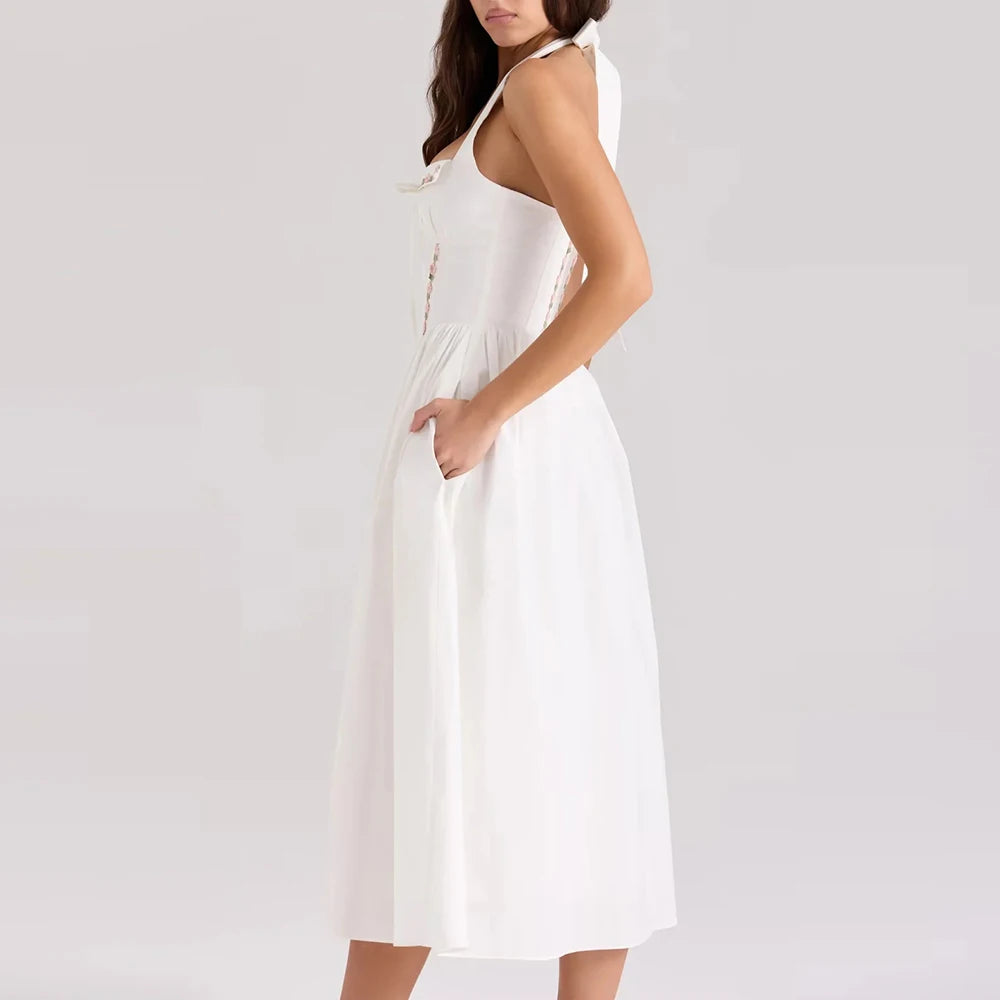 Spliced Lace Up Square Neck Sleeveless High Waist Temperament Slimming Dress