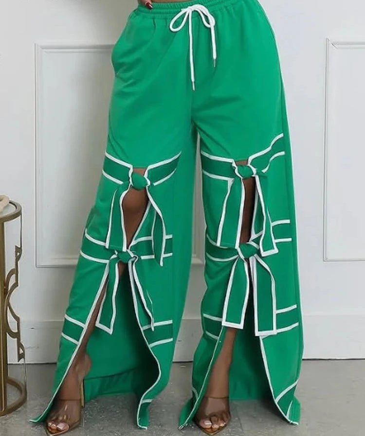 Women’s Striped Patchwork Bowknot Split Wide Pants