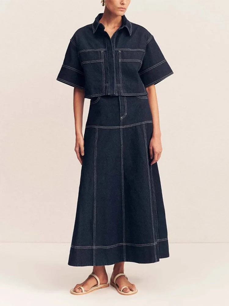 Women’s Lapel Pockets Short-sleeves Denim Shirt + A-line Long Denim Skirt Set