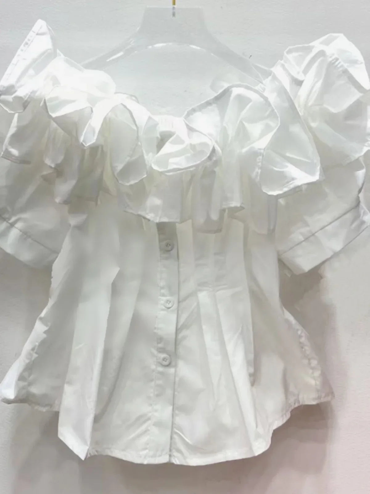 Women’s Pleated Tunic Ruffles Puff Sleeve Slash Neck Blouse