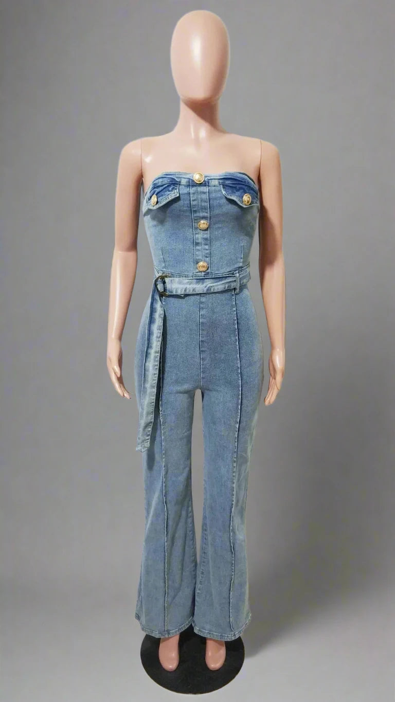 Women’s Sleeveless Button Straight Denim Strapless Jumpsuit