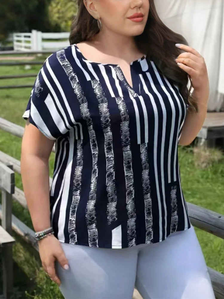 Plus Size Striped Notch Neck Raglan Sleeve Casual Blouse