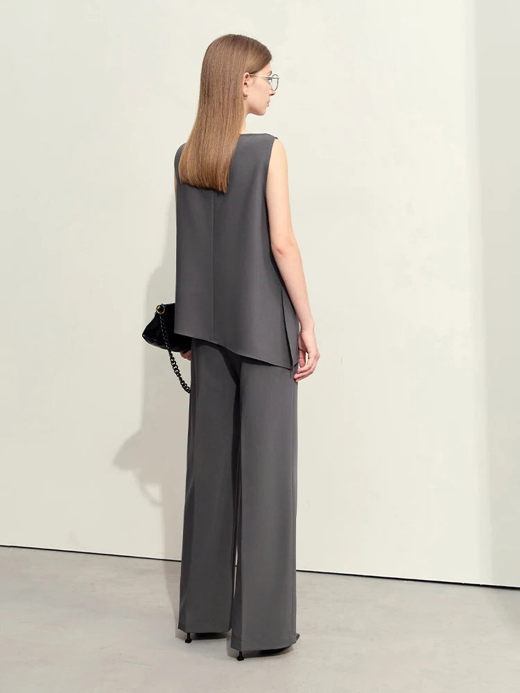 Swing Collar Women’s Vest + Straight Solid Casual Pants *Sold Seperately*