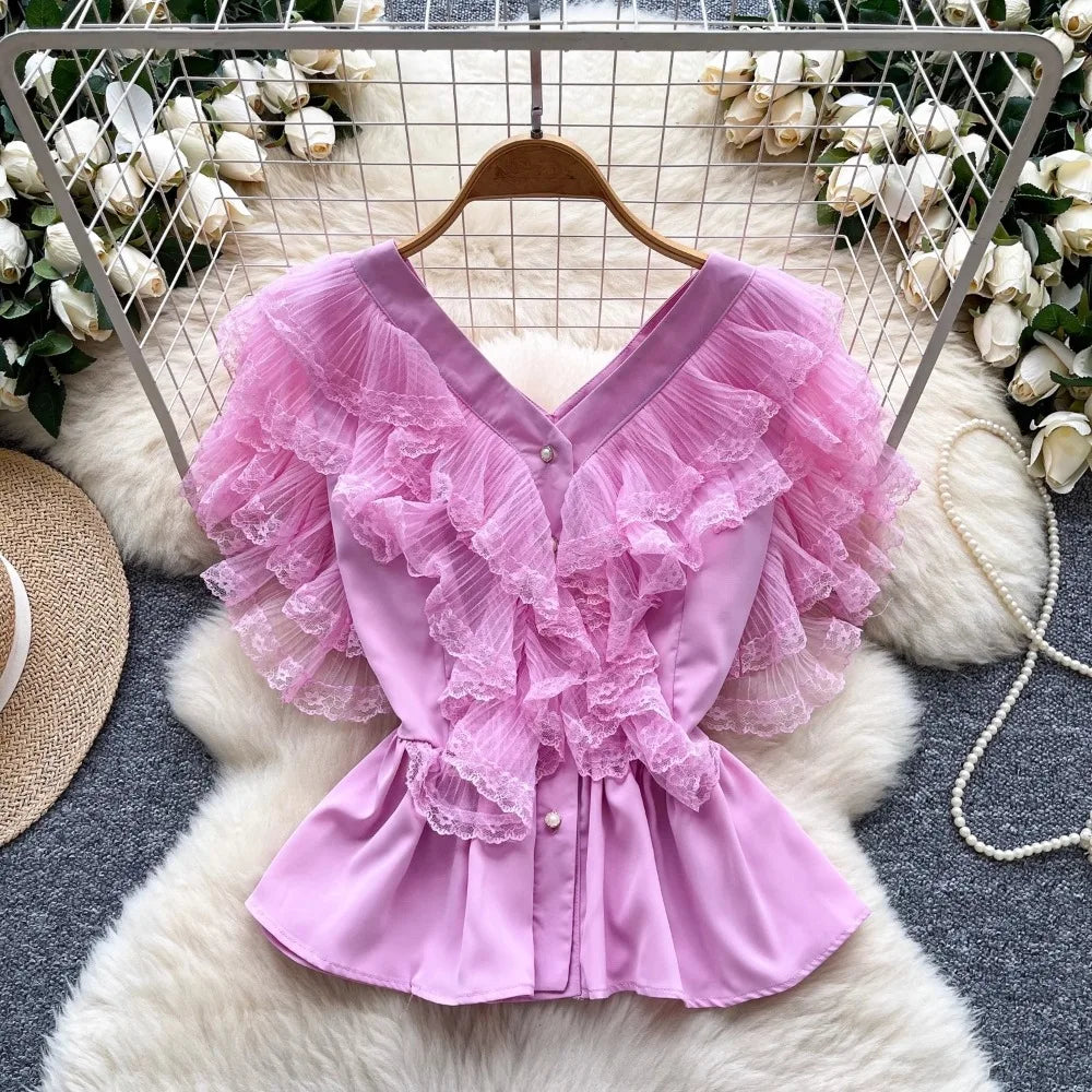 V Neck All-match Ruffles Mesh Blouse