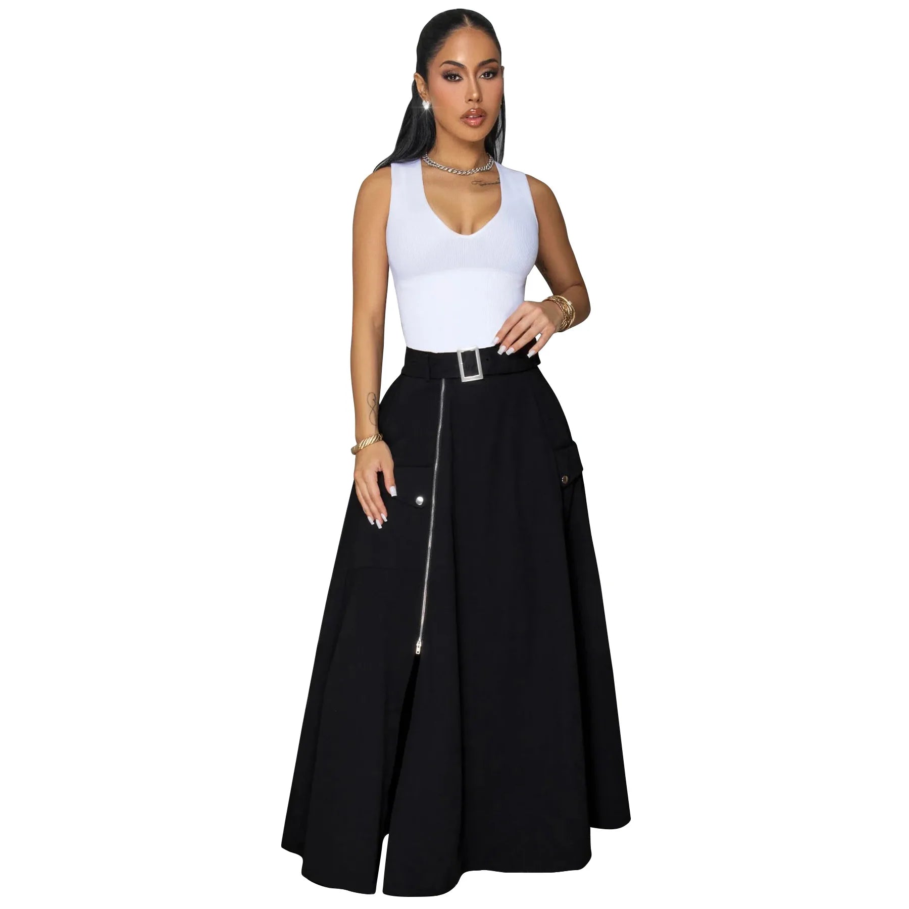 Women’s High Waist Belt Zipper Split Maxi Skirt