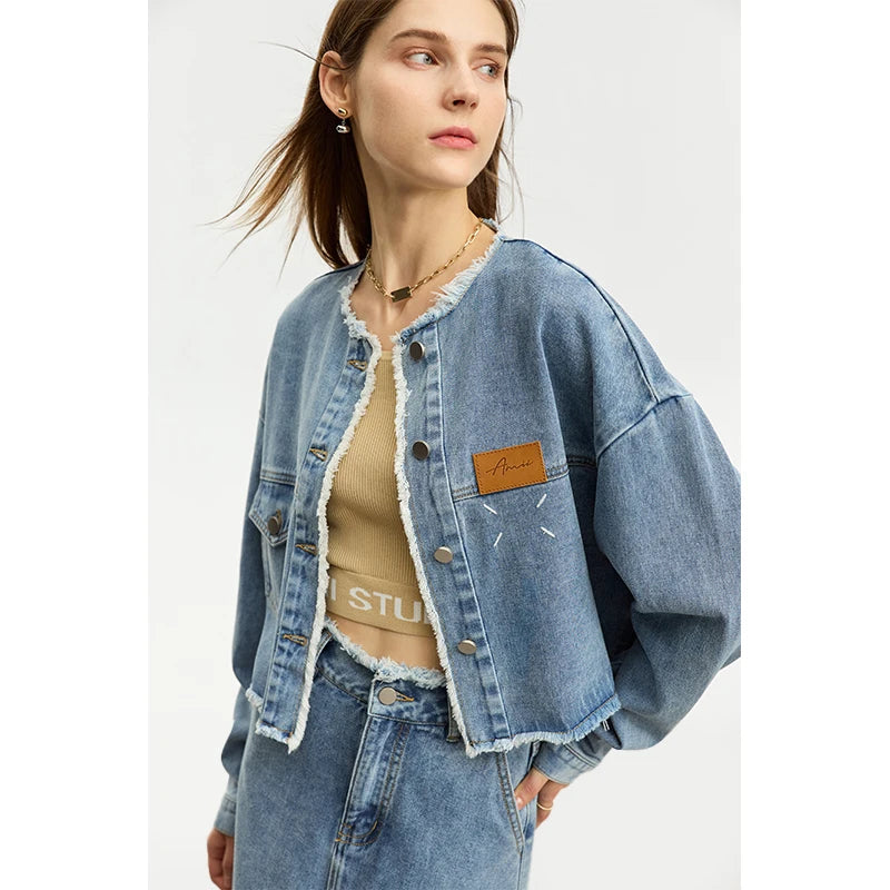Women’s Denim Midi Skirt & Crew Neck Loose Jean Jacket