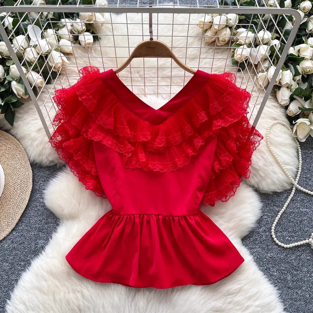 V Neck All-match Ruffles Mesh Blouse