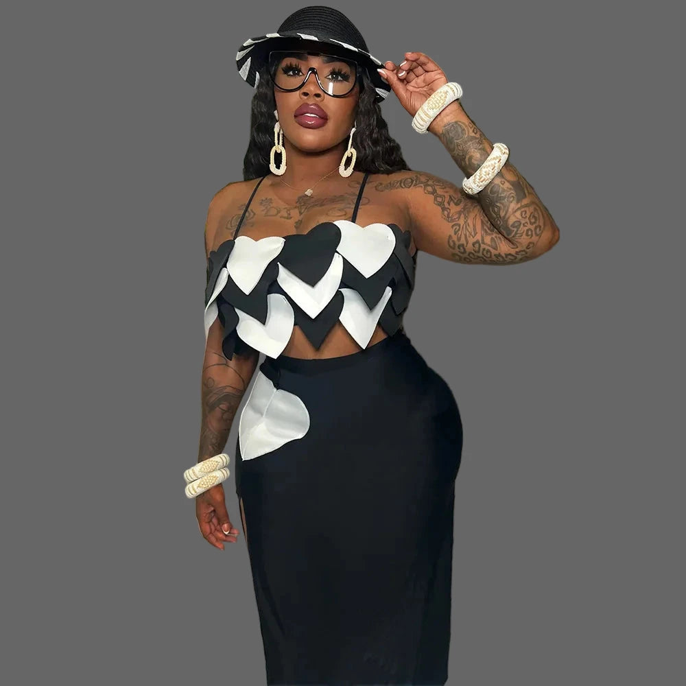 Women's Slash Neck Sweetheart Love Sleeveless Crop Top and Maxi Skirt Set