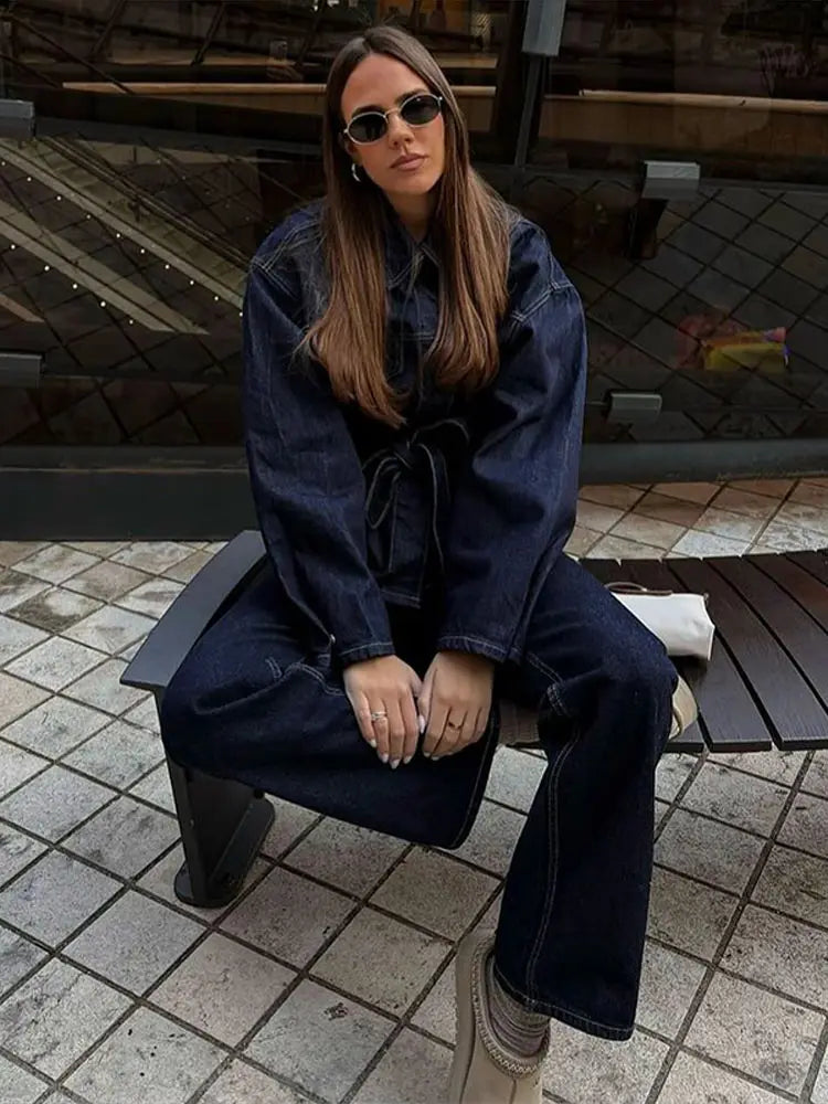 Women’s Denim Jacket With Lapel Belt and Wide Leg Jeans