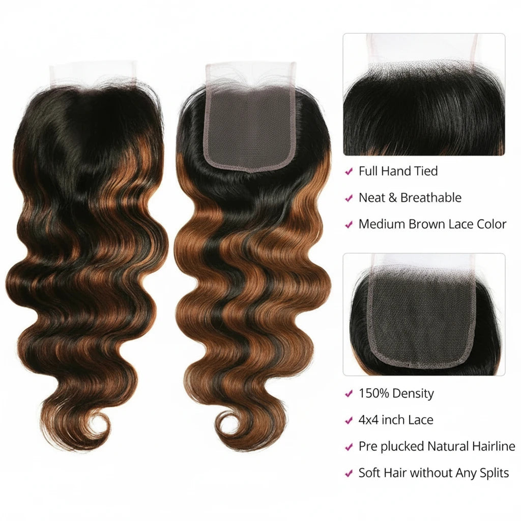 Brown Balayage Wave Hair Bundles 4X4 Lace Closure with Extensions