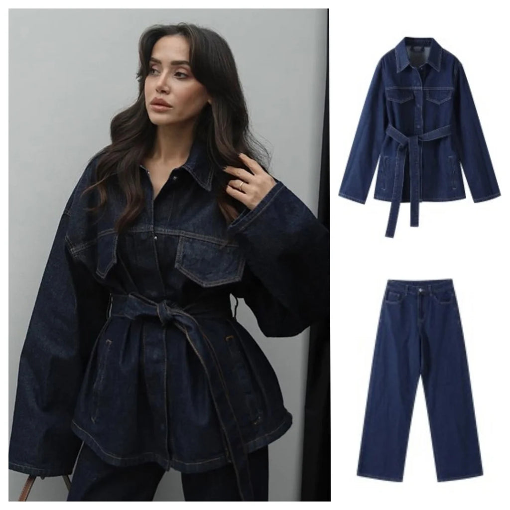 Women’s Denim Jacket With Lapel Belt and Wide Leg Jeans