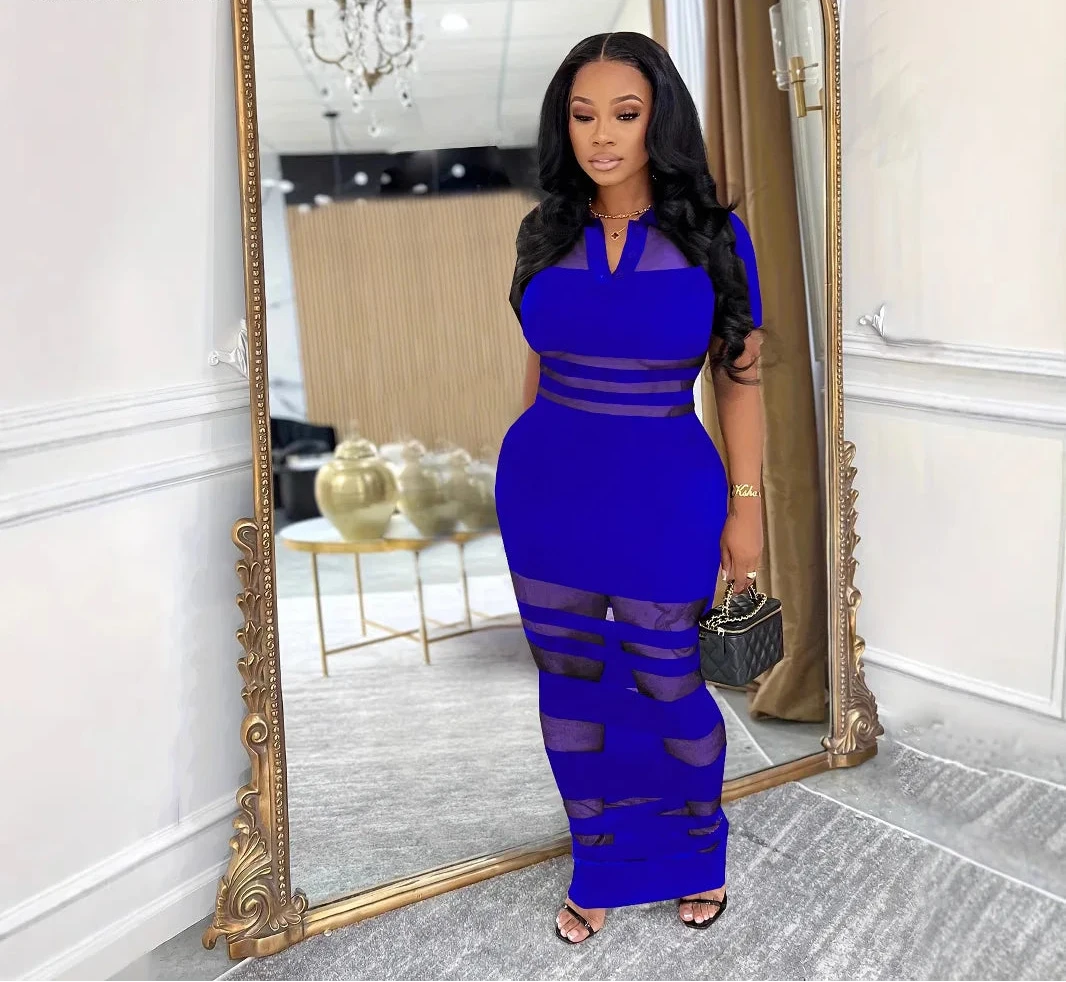Women’s Mesh See-Though Patchwork Polo-Collar Bodycon Maxi Dress