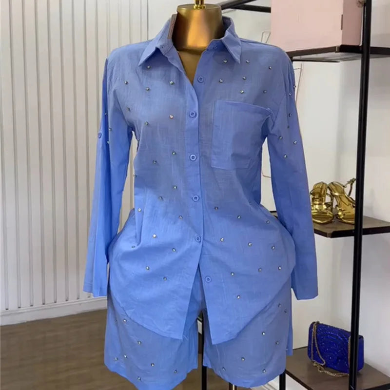 Beading Women's Long Sleeve Shirt Top and Shorts Set