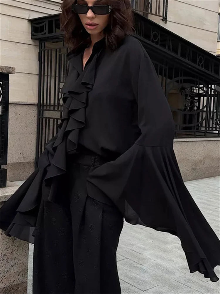 V Neck Chiffon Ruffled Long Sleeve Blouse