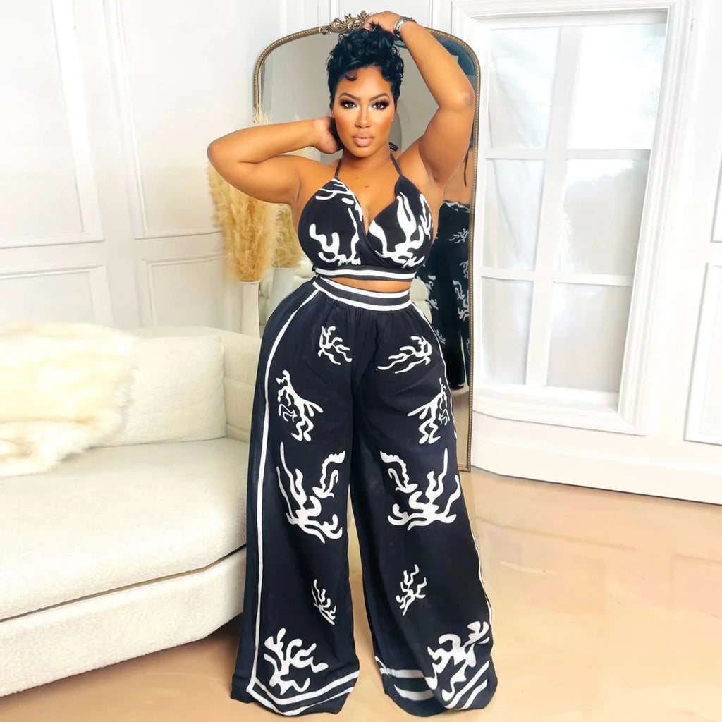Women's Strap V-neck Crop Top and Wide Leg Pants Set