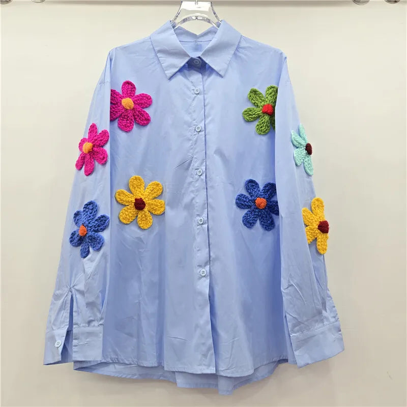 Women's Shirt Loose Colorful 3d Knitted Flower Long Sleeve