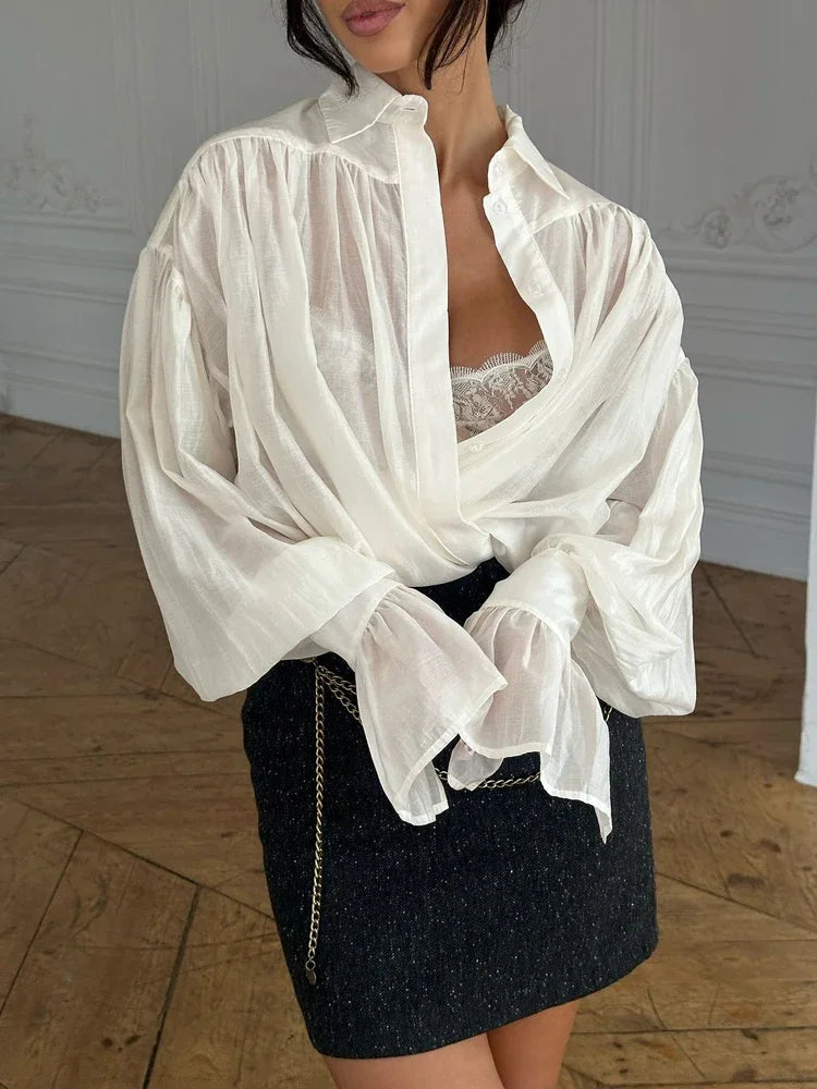 Casual Loose See-Through Long Sleeve Patchwork Blouse
