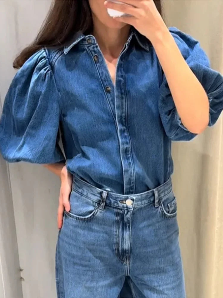 Women’s Denim Short Solid Lapel Half Puff Sleeve Single Breasted Pleated Top