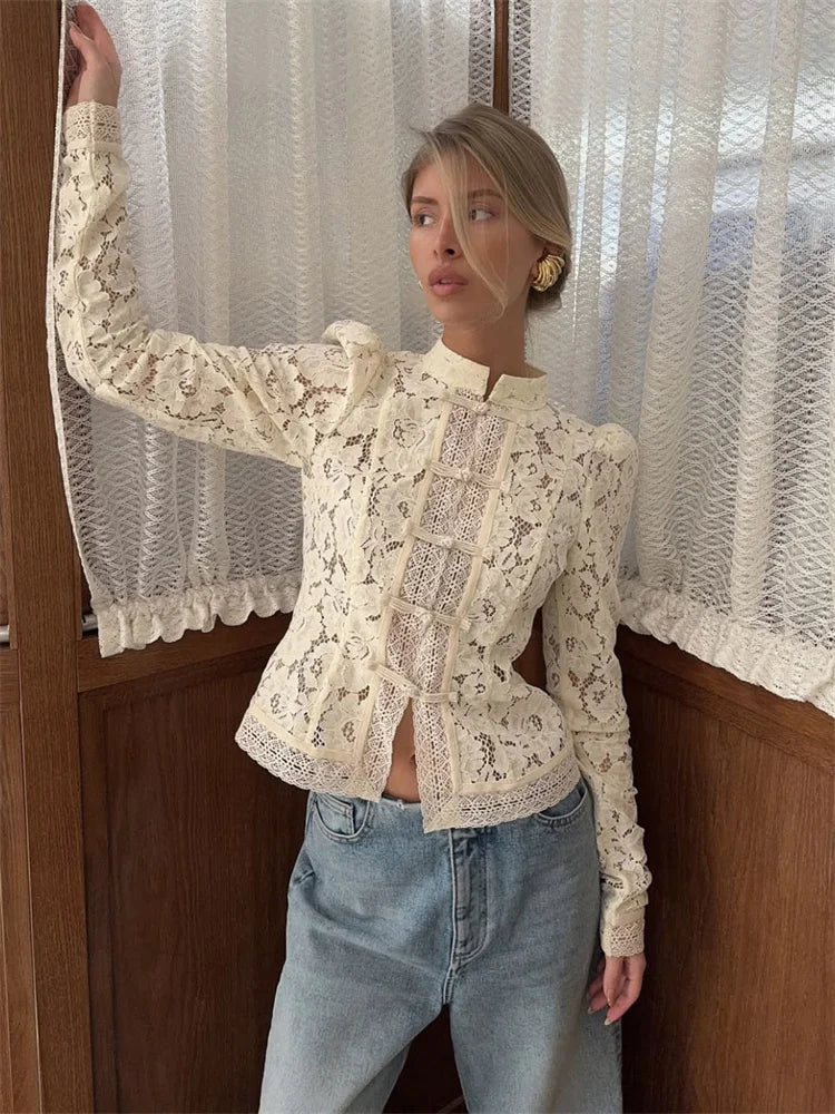 Lace Shrug Printed Hollow Out Vintage See-Through Blouse