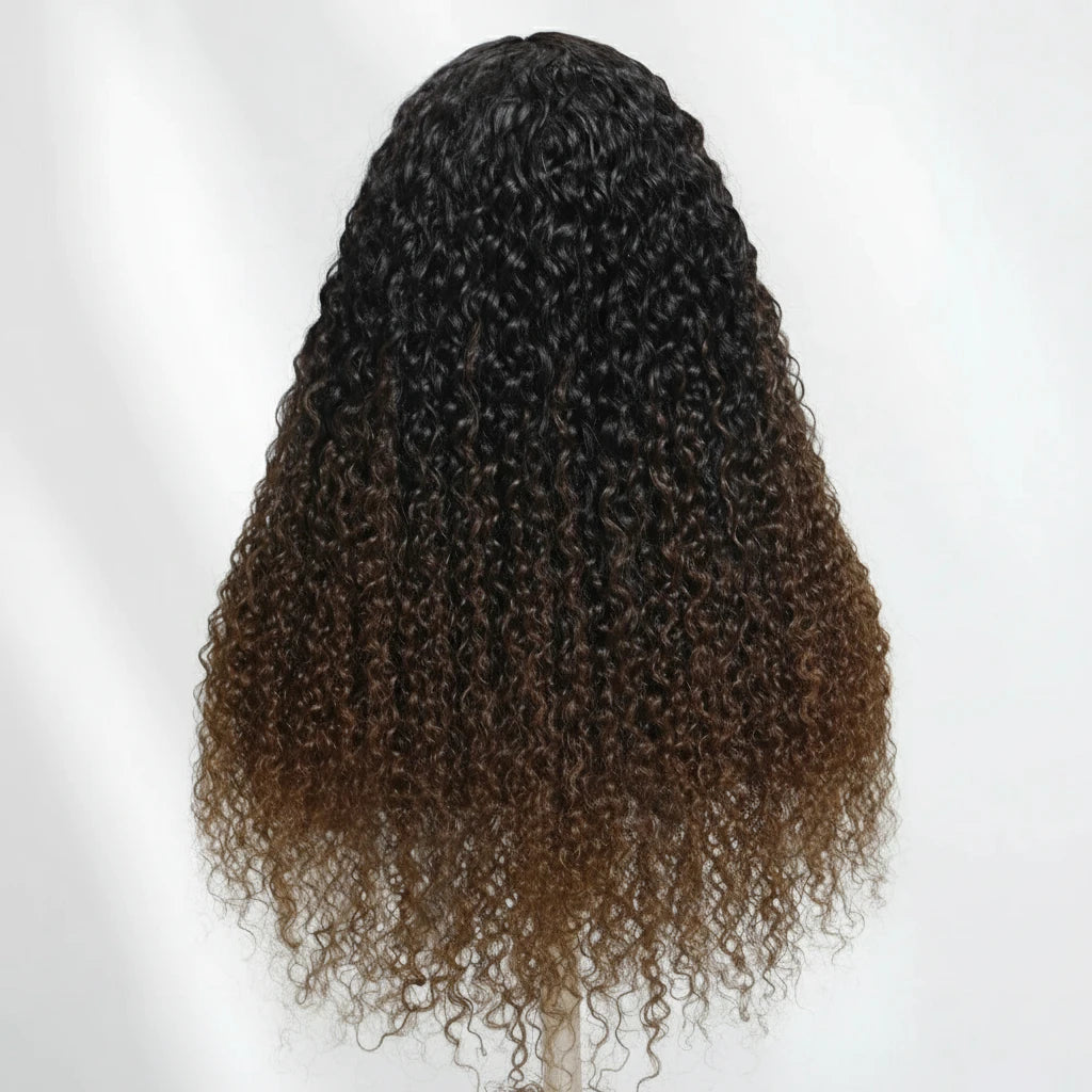 Curly V Part Ombre Chestnut Brown Human Hair Clip in V Part Wig