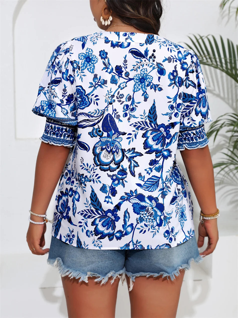 Plus Size Women’s Ethnic Print Notch Neck Loose Blouse