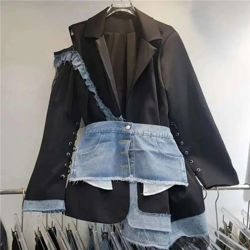 Women's Denim Patchwork Off-shoulder Single Breasted Belt Waisted Suit Jacket