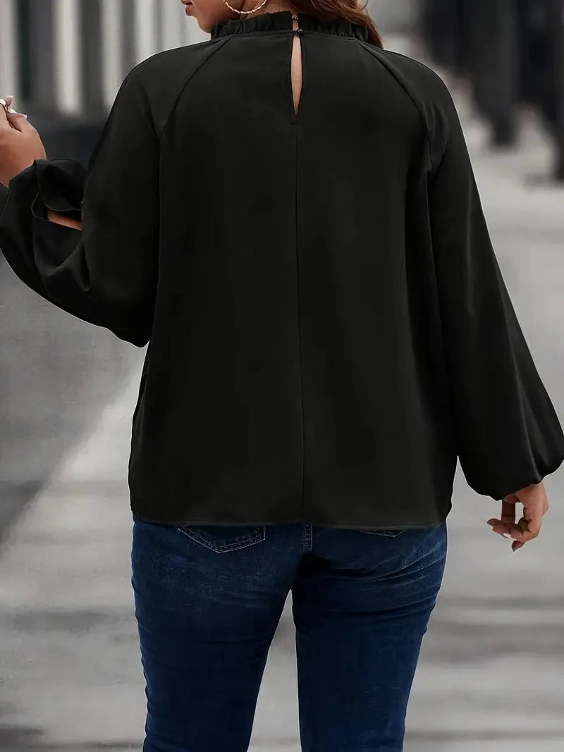 Plus Size Long Sleeve Slit Stand Collar Loose Casual Blouse