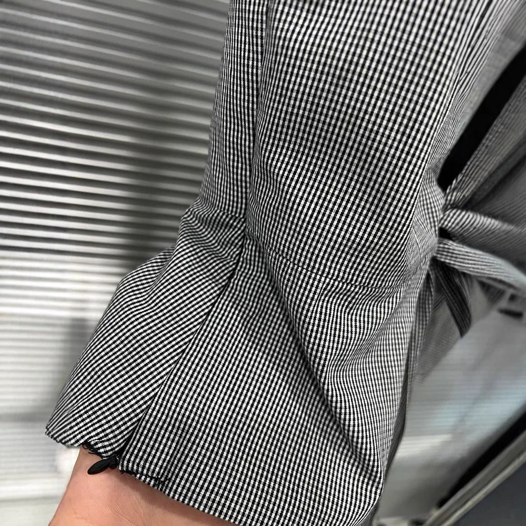 Women's Irregular Black White Plaid Bow Bandage Pleated Slim Short Vest