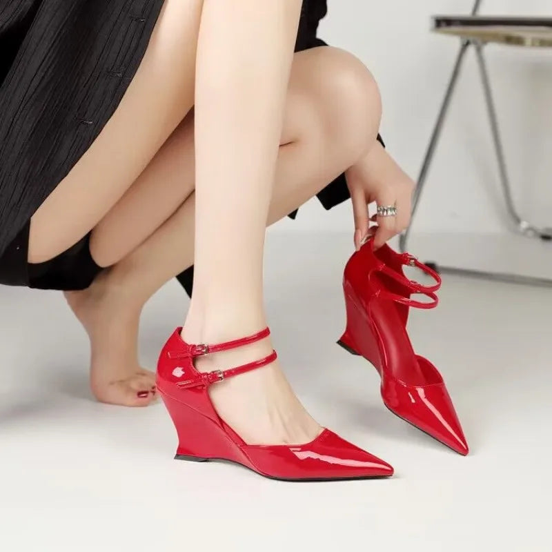 Women's Red Leather Pointed High Heeled Wedge Sandals