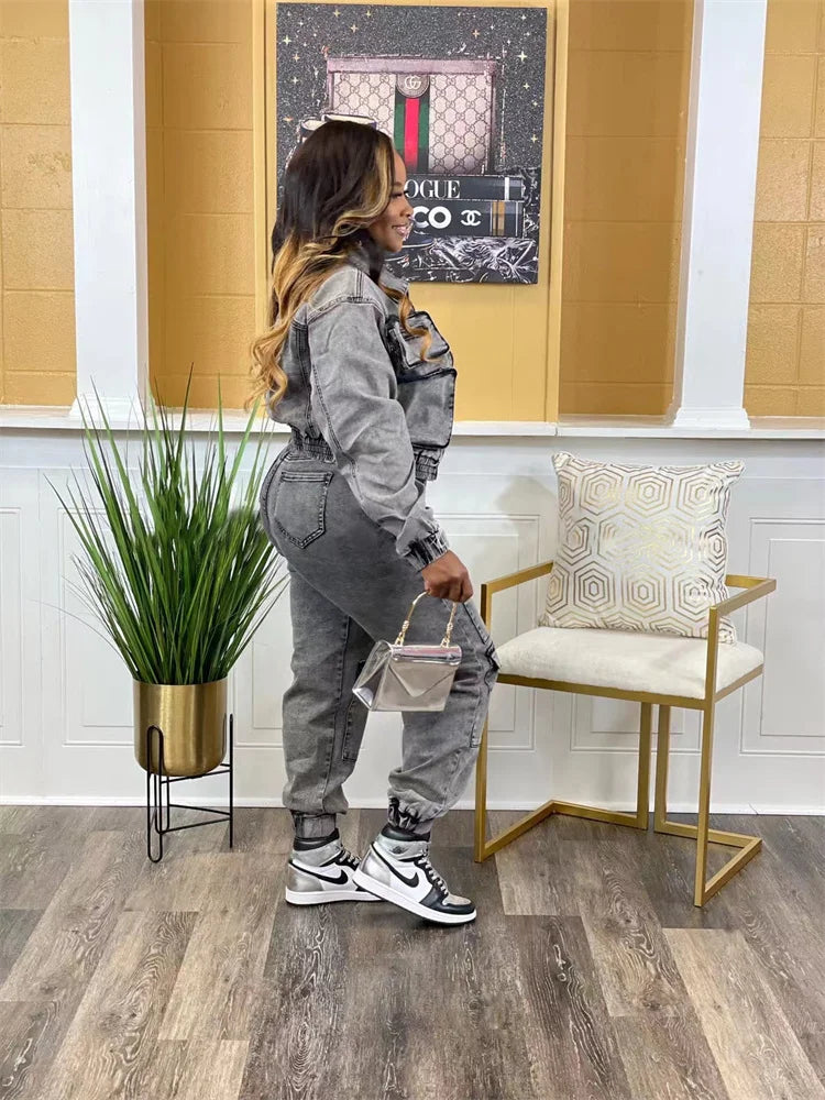 Denim Two Piece Set Women Jacket Coat Top Jeans Cargo Pants