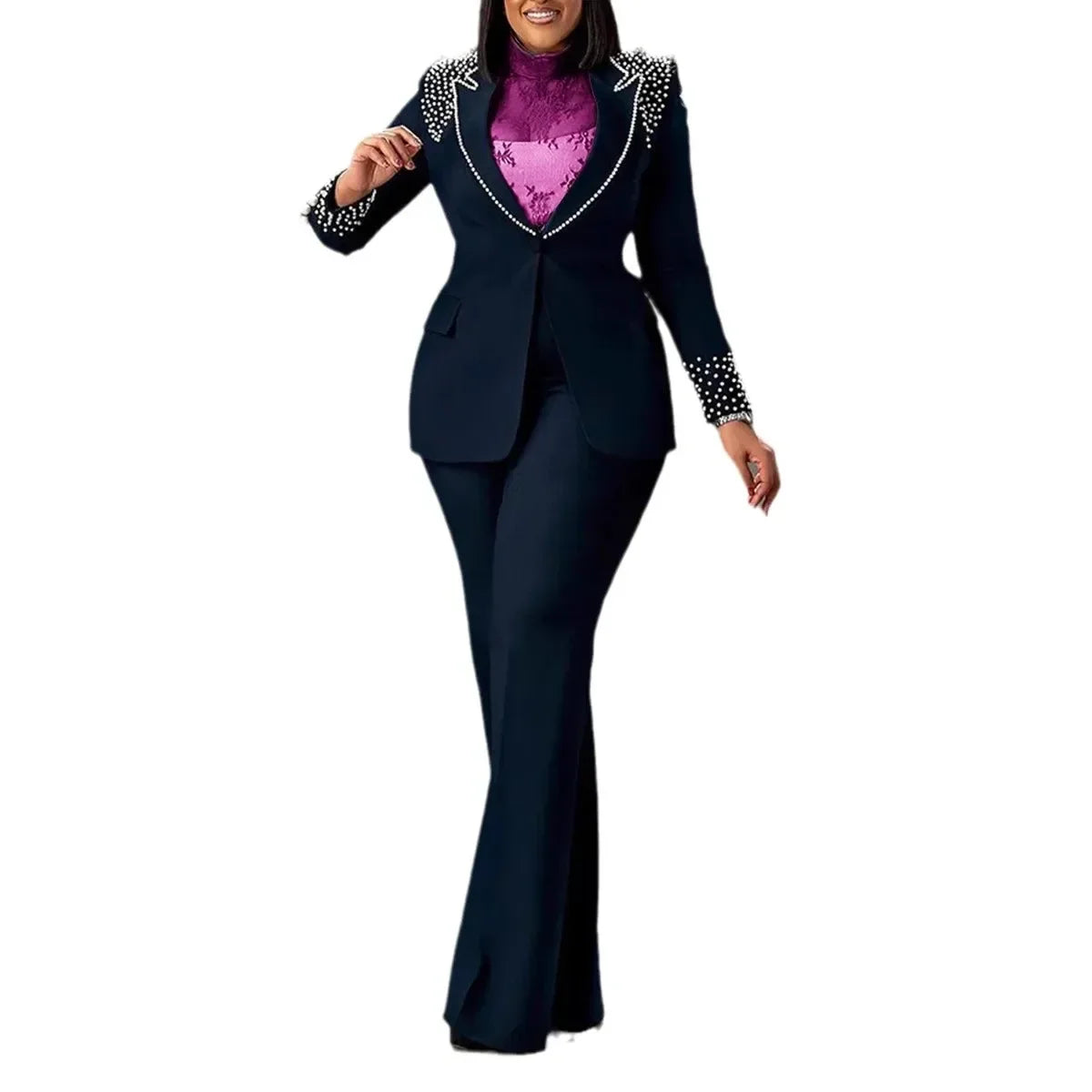 Women's Pearl Splicing Long Sleeve Blazer and Wide Leg Pants Suit