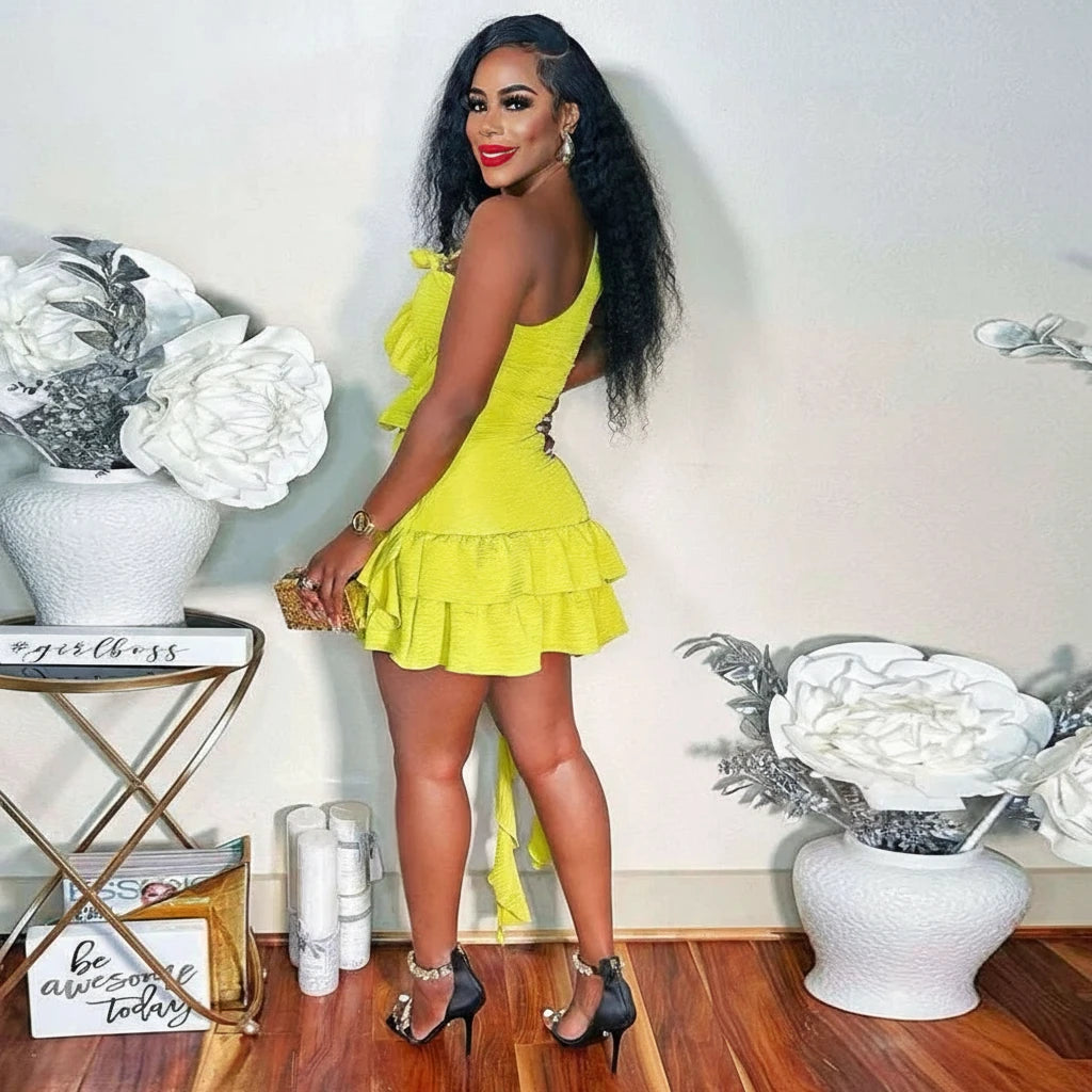 Women’s Sleeveless One Shoulder Ruffles Tops and Mini Skirt Set