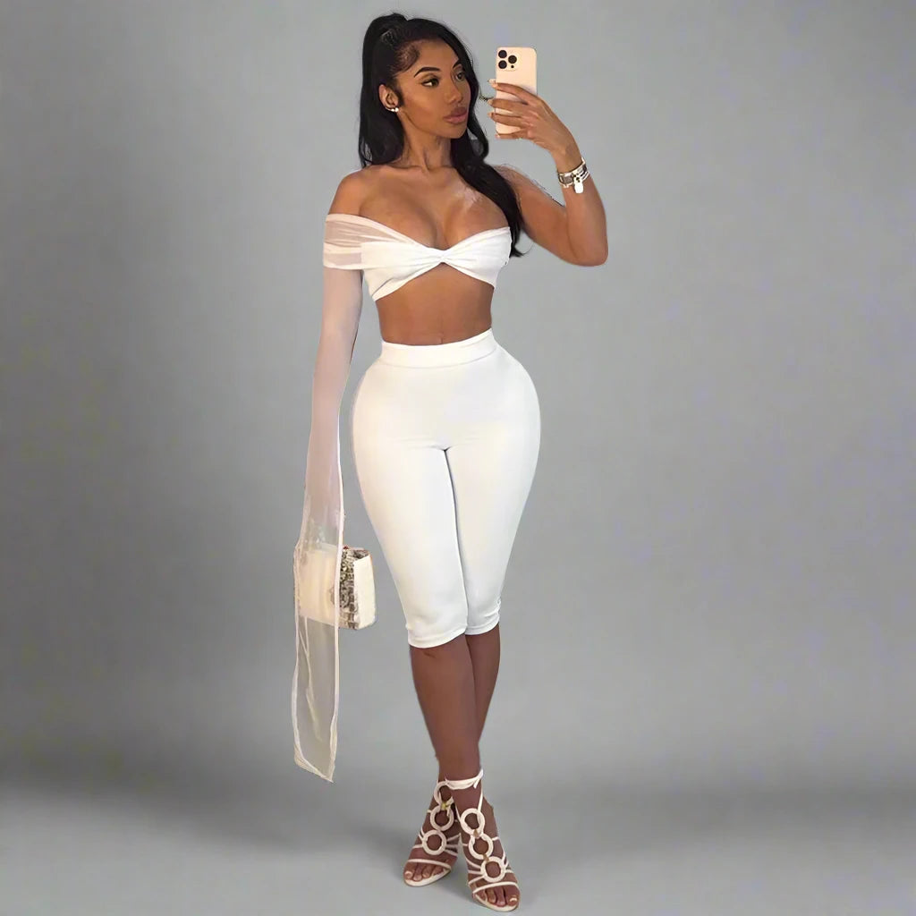 Women's One sleeve strapless Top and Capri Pant Two 2 Piece Set