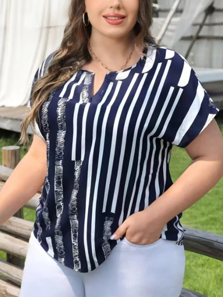 Plus Size Striped Notch Neck Raglan Sleeve Casual Blouse
