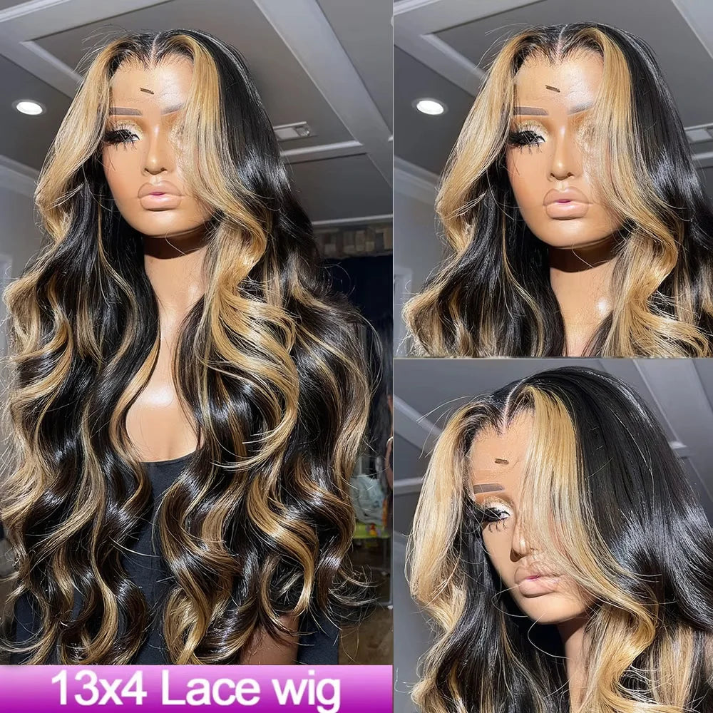 1B/27 Body Wave Human Brazilian Hair 30 Inch 13x4 HD Lace Frontal Ombre Blonde Highlight Front Wig