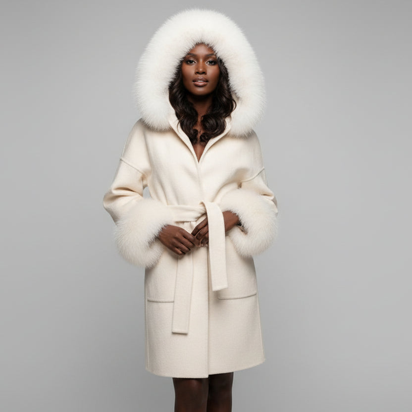 Hooded Wool Coat with Fox Fur Collar