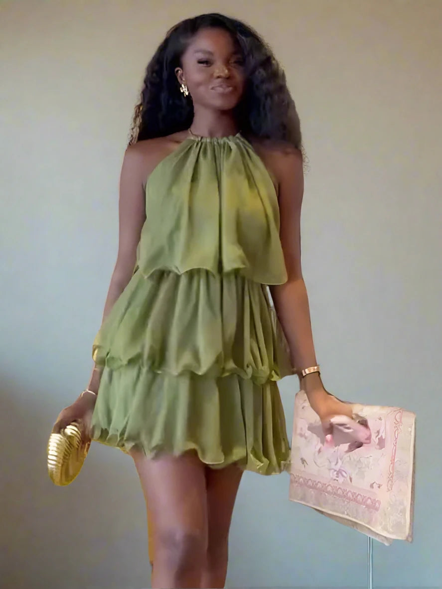 Women’s Sleeveless Pleated Ruffles Strap Tiered Dress