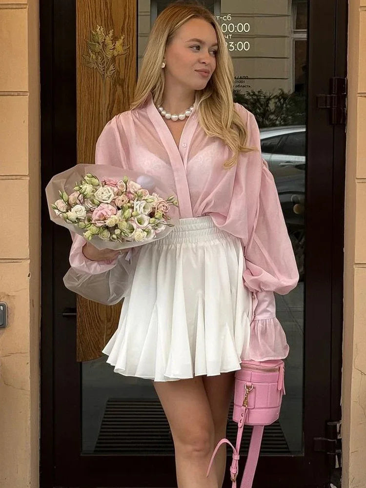 Casual Loose See-Through Long Sleeve Patchwork Blouse