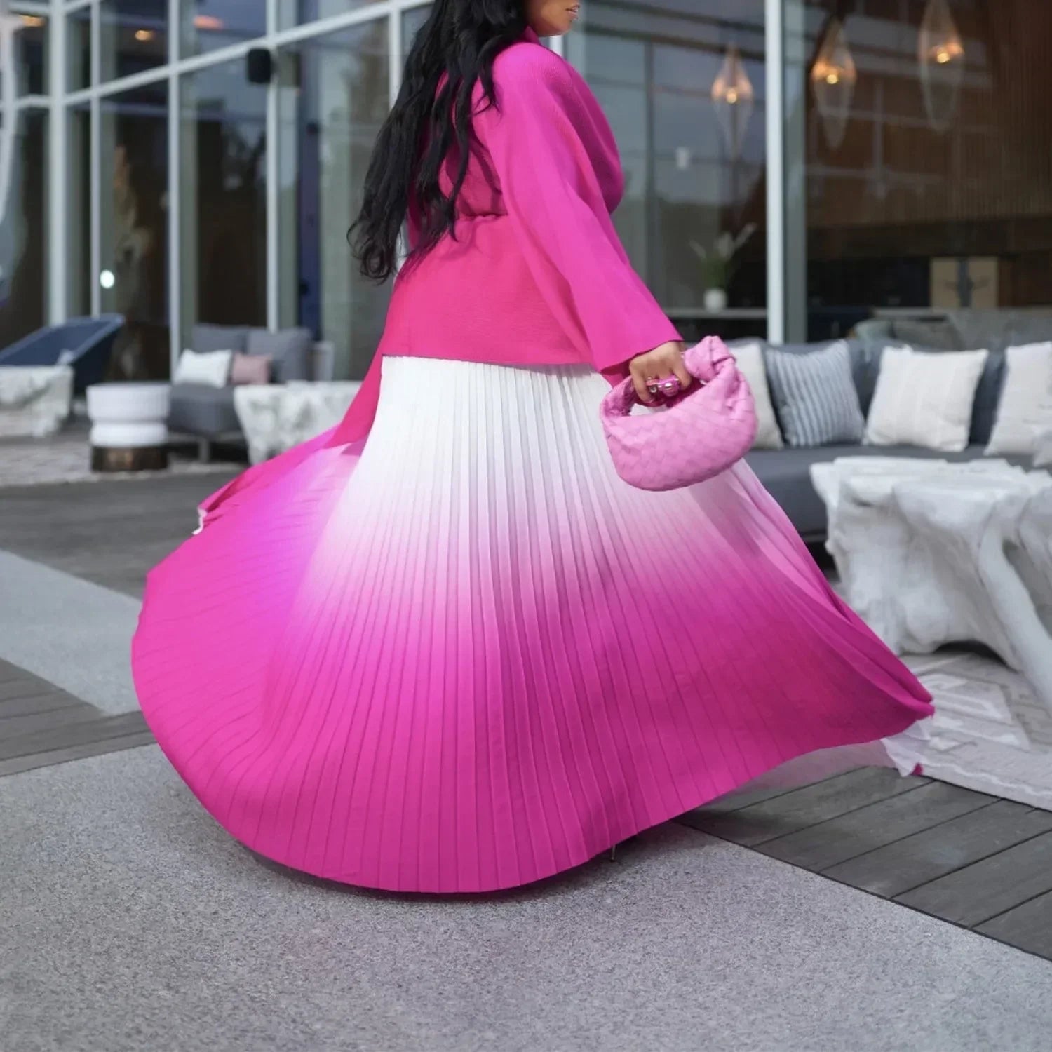 Gradient Women's Full Sleeve V-Neck Blouse with Beltt and Pleated Maxi Skirt Set