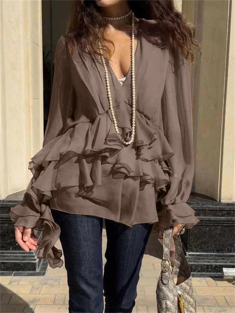 Chiffon Ruffled V-Neck Patchwork Long Sleeve Blouse
