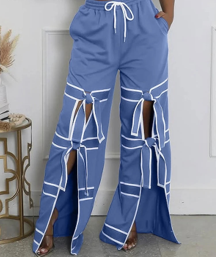 Women’s Striped Patchwork Bowknot Split Wide Pants