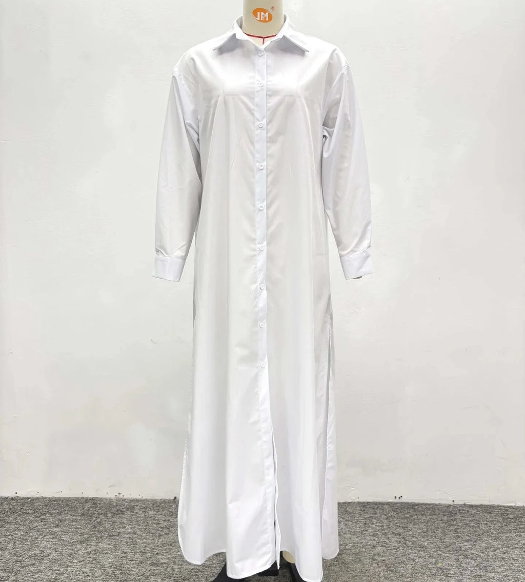 Woman’s Full Sleeve Turn-down Collar Shirt Style Maxi Dress