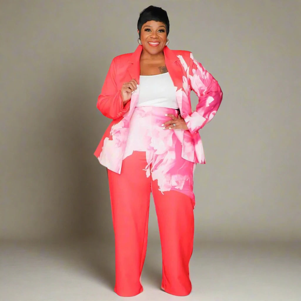 Plus Size Women's Long Sleeve Floral Print Blazer + Wide Leg Pants Set
