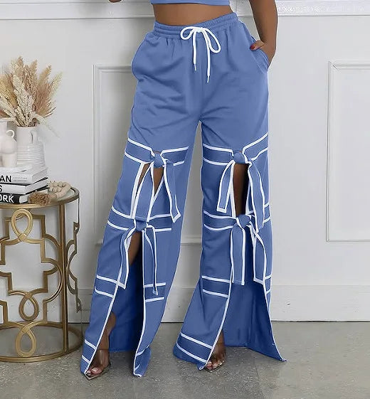 Women’s Striped Patchwork Bowknot Split Wide Pants