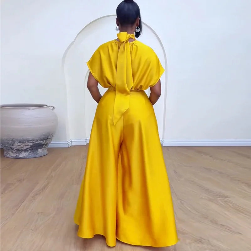 Satin Short Sleeve Turtleneck Top & Wide Leg Pants